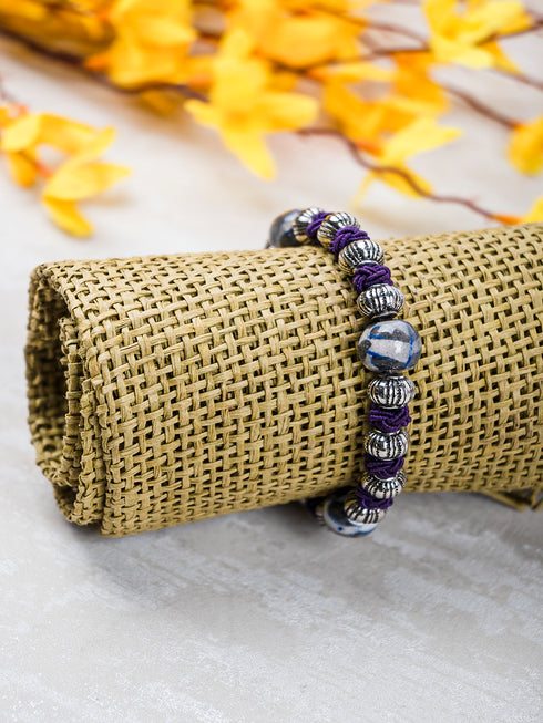 Handmade Stretchable Bracelet With Blue Pottery Beads
